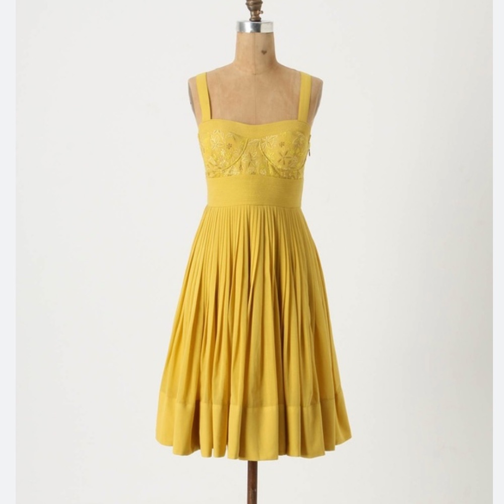 ANTHROPOLOGIE ANITA DONGRE Mustard Yellow Embroidered Pleated Dress 4